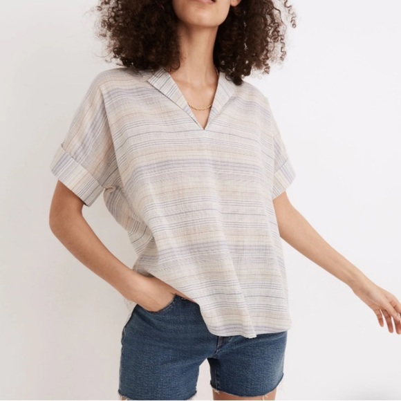 Madewell Crinkle Hayden Popover Top in Stripe Summer Peri Size Medium Cream - Picture 1 of 8